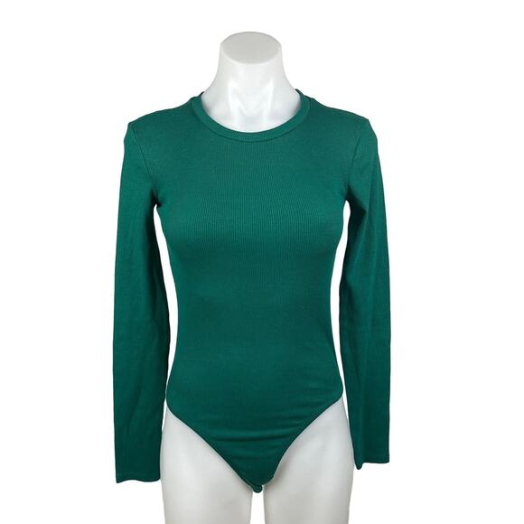 Zara Women's Green Crew Neck Long Sleeve Stretch Fitted Rib  Bodysuit Top Size S - Picture 1 of 8